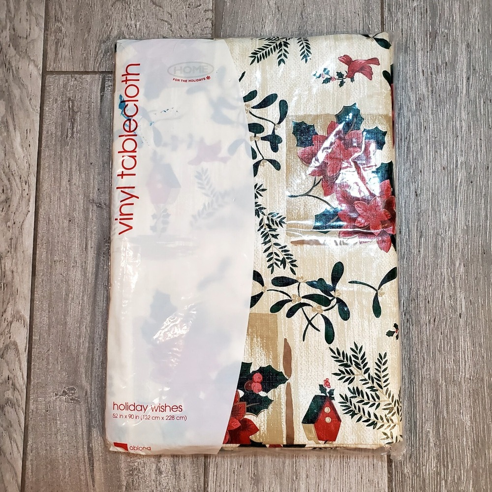 Retro Christmas‎ Tablecloth Vinyl 52 in. X 90 in. Oblong Poinsettia Vintage